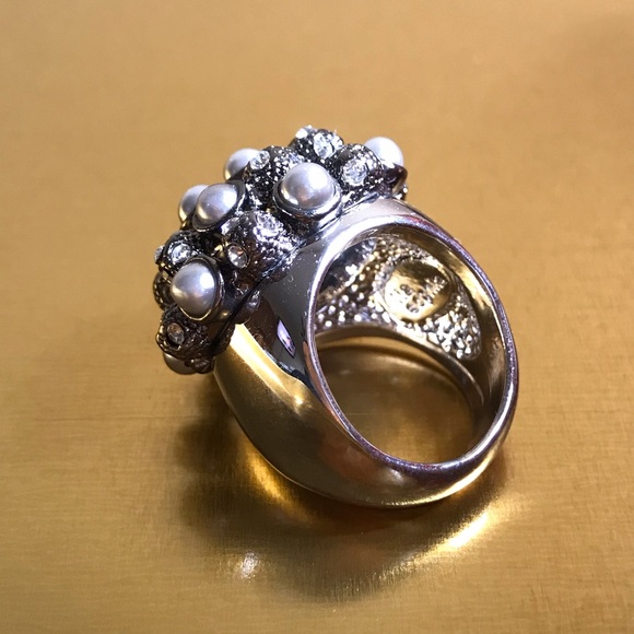 Vintage Heirloom Chunky Pearls Crystal Silver Ring - Picture 5 of 16